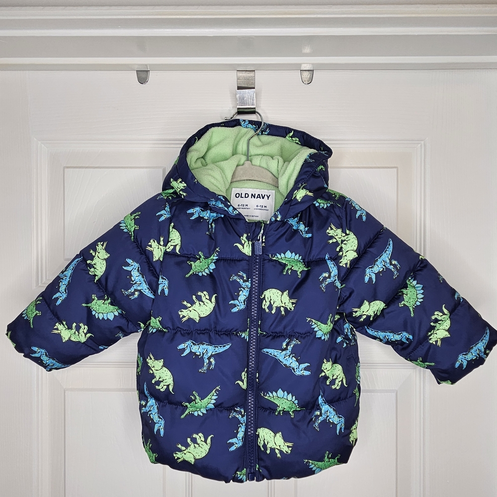 Old Navy Baby Boy 6-12M Dino Print Puffer Jacket Navy Blue Hooded Coat Cozy